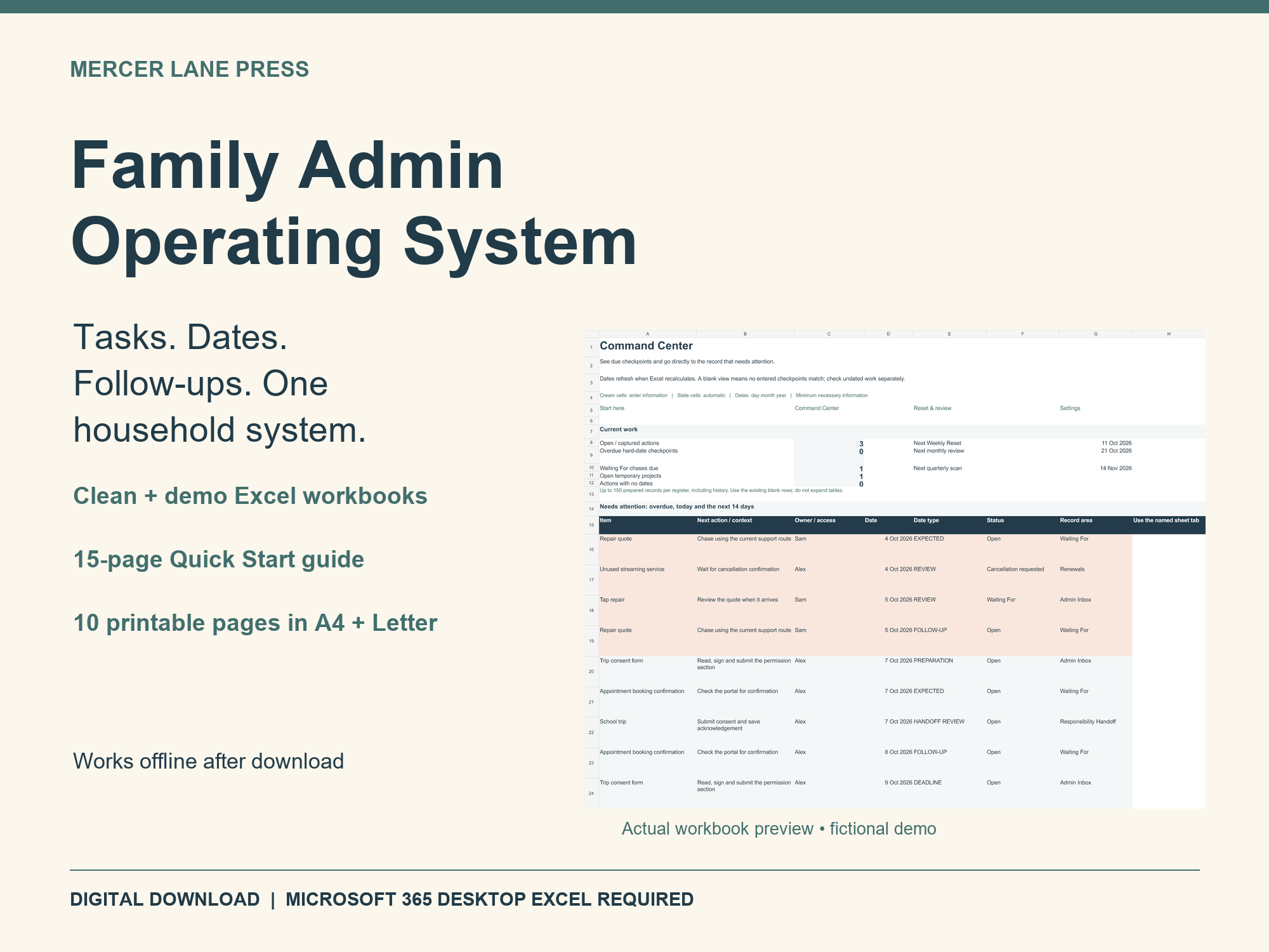 Family Admin Operating System bundle with an actual Command Center preview from the fictional demo