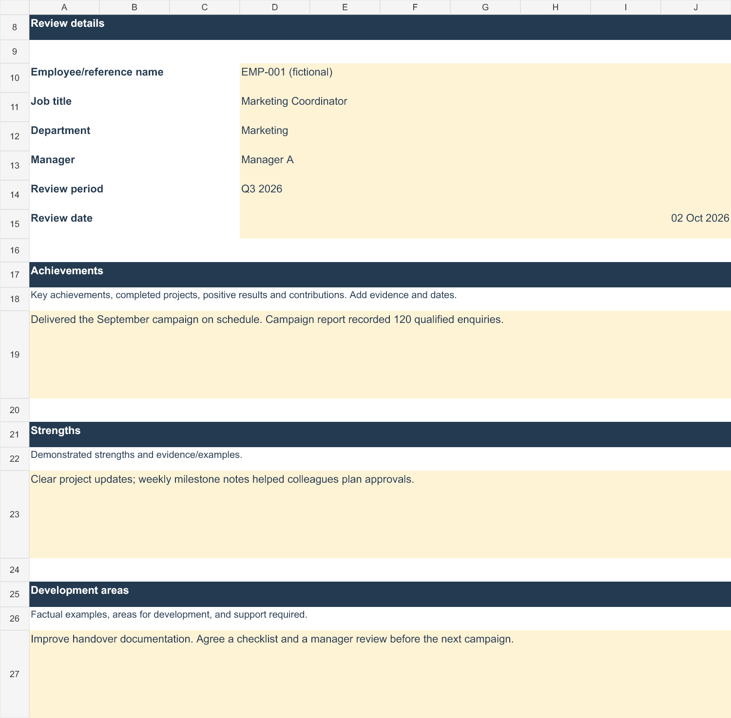 Performance Review worksheet with a fictional Marketing Coordinator example and space for evidence
