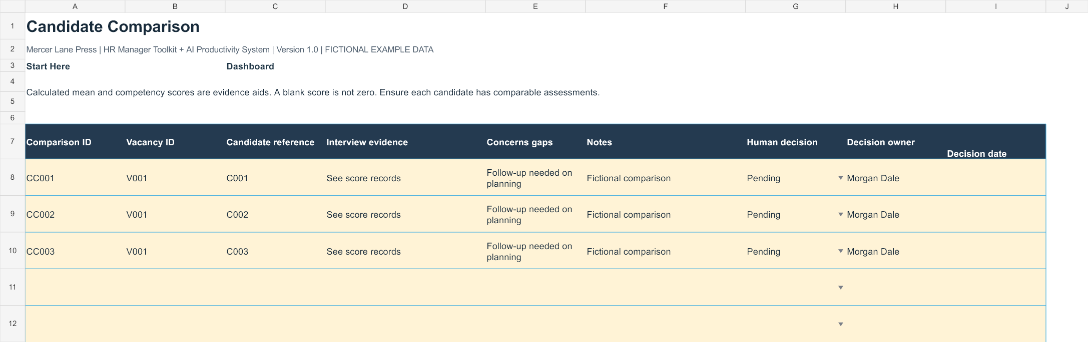 Fictional candidate comparison with interview evidence and human decision fields