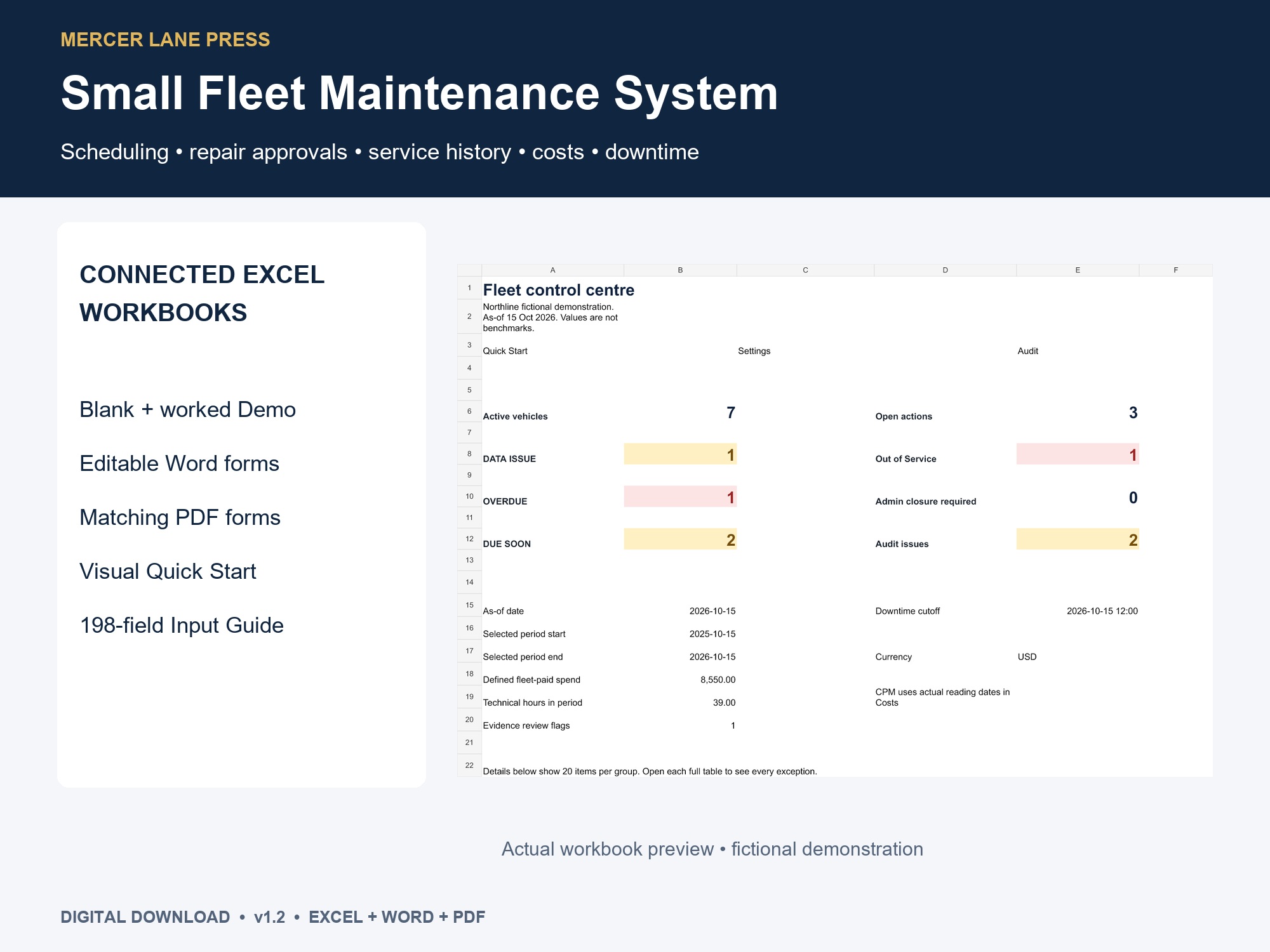 Small Fleet Maintenance System v1.2 bundle with an actual fictional Demo dashboard and included workbook and form details